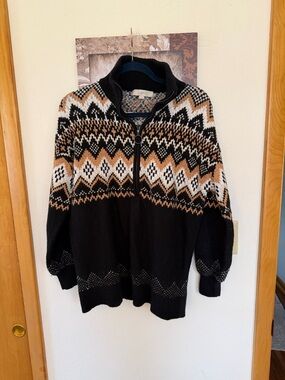 LOFT Black and Tan Zip-Front Fair Isle Sweater